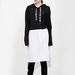 Mock Two-piece Hooded Long-sleeve T-shirt Dress Black - One Size