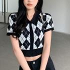 Short-sleeve Argyle Print Knit Top Black - One Size