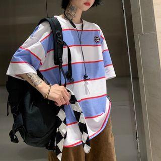 Couple Matching Elbow-sleeve Embroidered Striped T-shirt As Shown In Figure - One Size