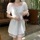 Puff-sleeve A-line Eyelet Lace Dress White - S