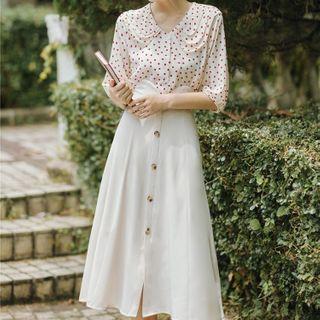 Set: Balloon-sleeve Dotted Blouse + Midi A-line Skirt