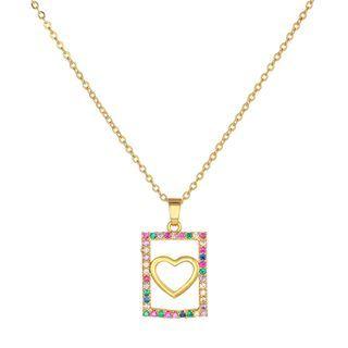 Heart Rhinestone Pendant Alloy Necklace Love Heart - Gold - One Size