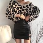 Leopard Print V-neck Sweater / Asymmetric Hem Faux Leather Pencil Skirt