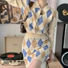 Lapel Argyle Long-sleeve Cropped Cardigan / High-waist Argyle A-line Mini Skirt