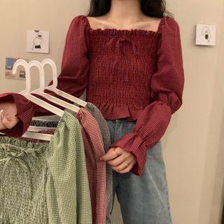 Gingham Ruffle Trim Square-neck Cropped Blouse