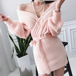 V-neck Tie-waist Mini Sweater Dress