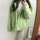 Plain Lapel Fleece Jacket Apple Green - One Size