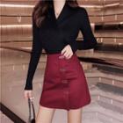 Plain V-neck Long-sleeve Slim-fit Knit Top / Plain Slim-fit Skirt