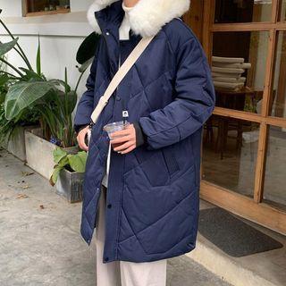 Fluffy Trim Hooded Midi Quilted Coat