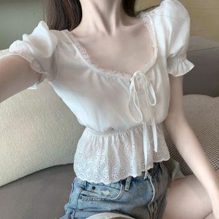 Puff-sleeve Ruffle Trim Crop Top White - One Size