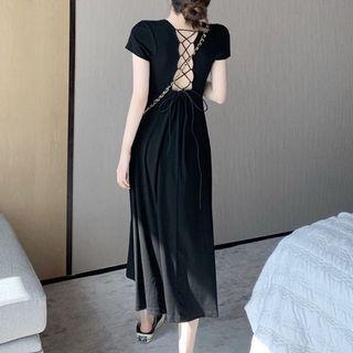 Open Back Cross Strap Short-sleeve A-line Dress As Shown In Figure - One Size