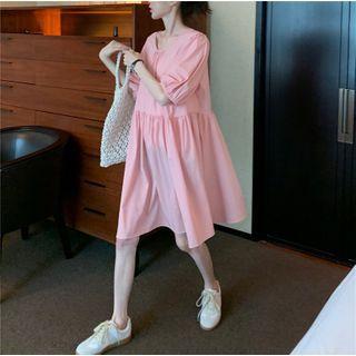 Lantern-sleeve Plain Loose Fit Dress