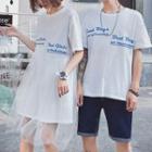 Couple Matching Short-sleeve Lettering T-shirt / Short-sleeve Mesh Panel Mini Dress