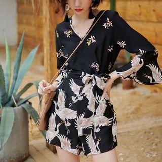 Bell-sleeve Printed Wide Leg Playsuit