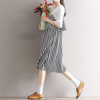 Set: Elbow-sleeve Top + Striped Midi Strappy Dress