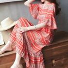 Elbow-sleeve Chiffon Print Midi Dress