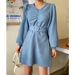 V-neck Shirred Dress With Belt