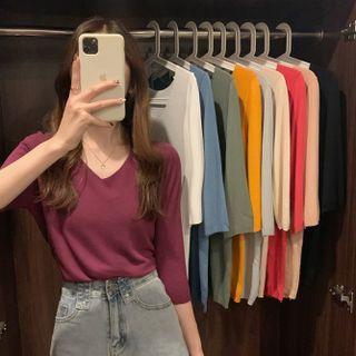 Elbow-sleeve V-neck Plain Knit T-shirt