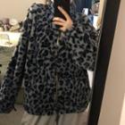 Leopard Print Fleece Zip-up Jacket Leopard Print - Black & Gray - One Size