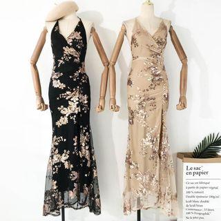 Open-back Sequined Halter Maxi Mermaid Evening Gown