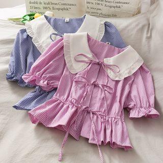 Gingham Peter Pan-collar Ribbon Crop Blouse
