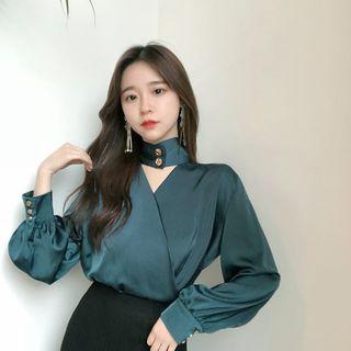 High-neck Sleek Wrap Blouse Green - One Size