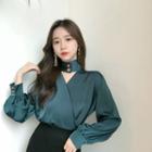 High-neck Sleek Wrap Blouse Green - One Size