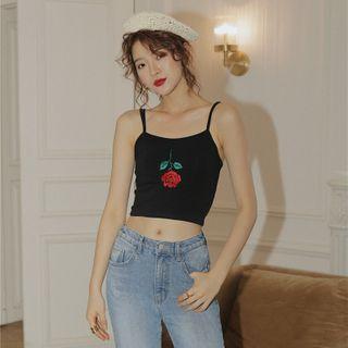 Flower Embroidered Cropped Camisole Top Black - One Size