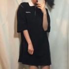 Elbow-sleeve Zip Placket Mini Dress Black - One Size