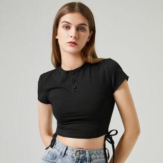 Eco-friendly Short-sleeve Drawstring Knit Crop Top