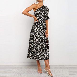 One-shoulder Floral Print Midi A-line Dress
