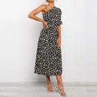 One-shoulder Floral Print Midi A-line Dress