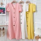 Puff-sleeve V-neck Maxi Shirtdress In 5 Colors