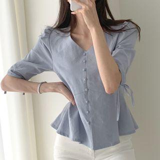 Short-sleeve Tie-cuff Peplum Blouse