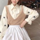 Mock Two-piece Heart Embroidered Long-sleeve Blouse