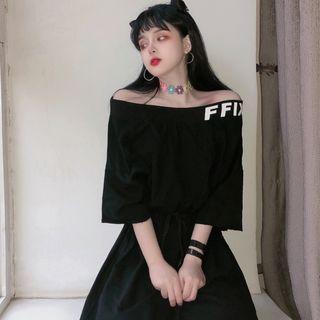 3/4-sleeve Off-shoulder Lettering T-shirt Dress