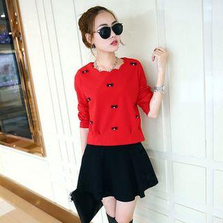 Set: Bow Scallop Neck Long-sleeve Top + A-line Skirt