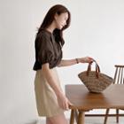 Puff-sleeve Contrast-panel T-shirt
