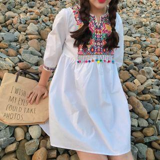 Embroidered Tasseled Short-sleeve Minidress