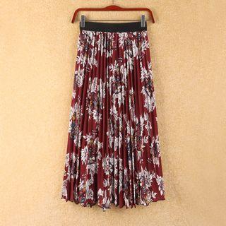 Flower Printed Midi Pleated Skirt