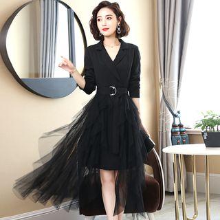 Belted Layered Mesh Panel Midi Blazer Dress