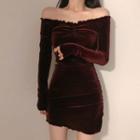 Long-sleeve Off-shoulder Velvet Dress