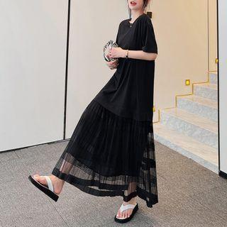 Short-sleeve Striped Panel Maxi Smock Dress