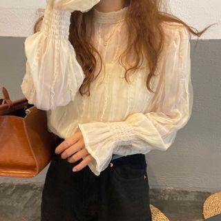 Set: Pleated Blouse + Camisole Top Set Of 2 - Blouse & Camisole Top - Beige - One Size