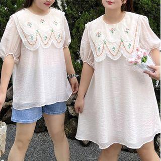 Puff-sleeve Floral Embroidered Blouse / Midi A-line Dress