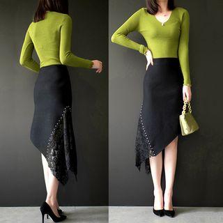 Lace Panel Asymmetrical Knit Skirt