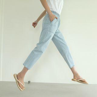 Band-waist Patch-pocket Baggy Jeans