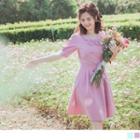 Tie-waist Double-buttoned Scalloped Collar A-line Dress