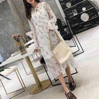 Set: Floral Print Long Sleeve Chiffon Midi Dress + Slipdress