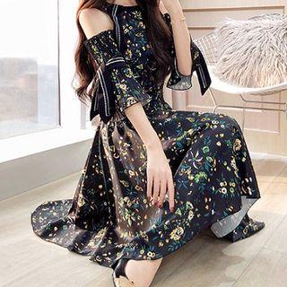 Cutout Shoulder Floral Print Midi Dress